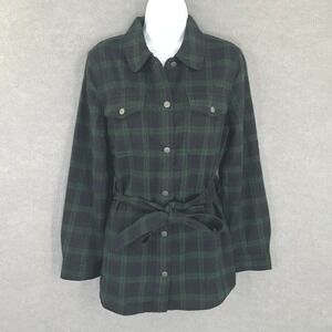 Talbots Womens Plaid Shirt Jacket Belted‎ Sz M Green Black Wool Blend Button Up
